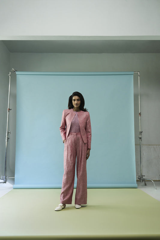 Cropped round neck jacket with pleated flared pants