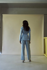 Blue linen belted suit