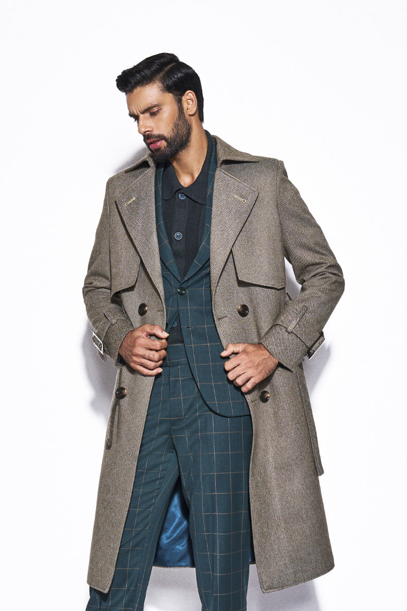 Green Herringbone Tweed Overcoat