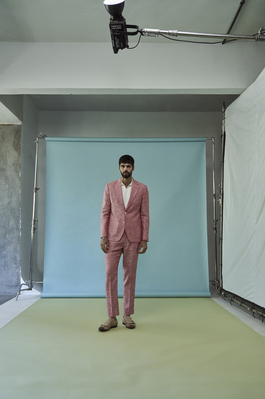 Salmon pink linen suit