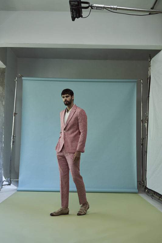 Salmon pink linen suit