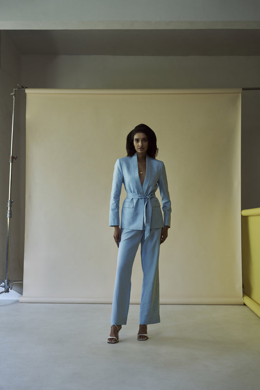 Blue linen belted suit