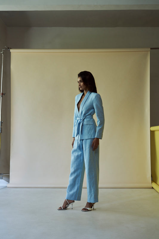 Blue linen belted suit