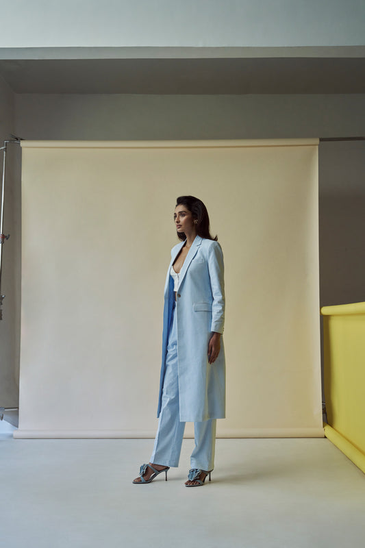 Seersucker long jacket with pleated pants